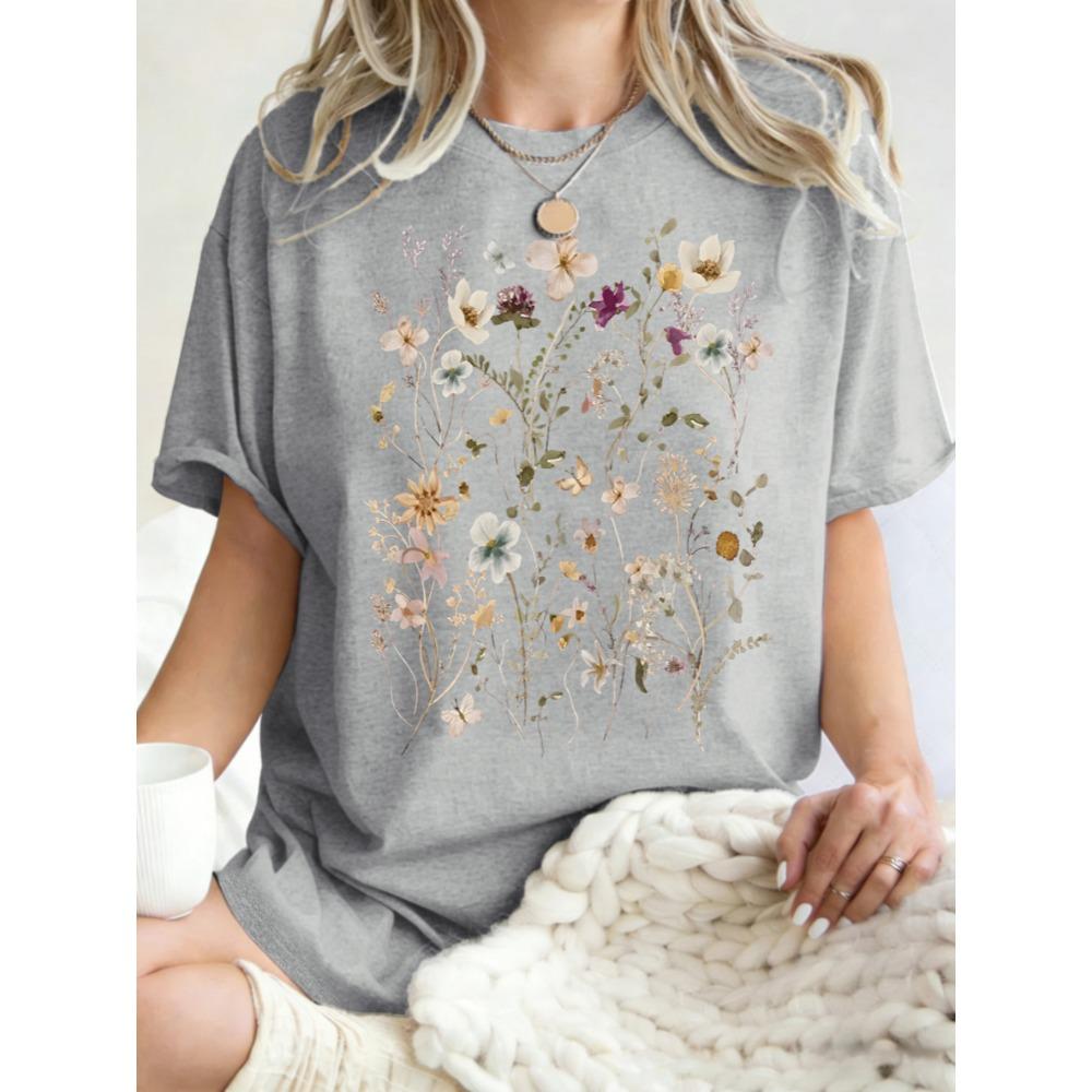 Beautiful Flower Clusters Printing Woman T-Shirt Summer Oversized Short Sleeve O-Neck Cotton T Shirts Y2K Women Sports Tops