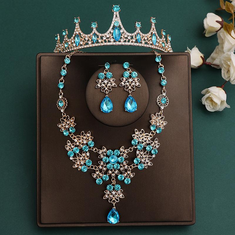 

DIEZI Korean Sky Blue Crystal Crown Women Girls Headwear Luxury Bridal Bride Tiaras Necklace Earrings Wedding Party Jewelry Sets
