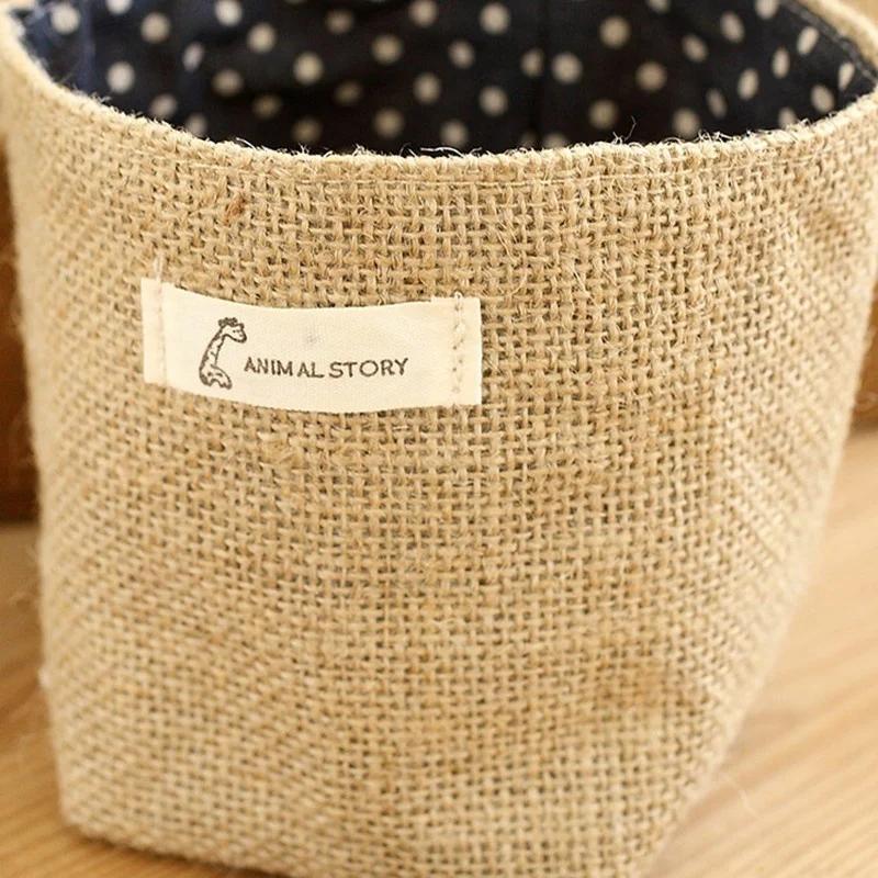 Desktop Jute Storage Bag Cotton Linen Storage Basket Sundries Storage Box With Handle Cosmetic Organizer Jewelry ContainerHolder