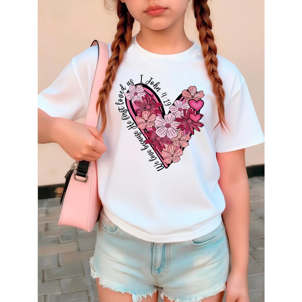Vintage Floral Love Heart Design T-Shirt Printed T Shirt Girls Summer Clothes Short Sleeve Tops T-Shirts Cute Kids Clothing 110