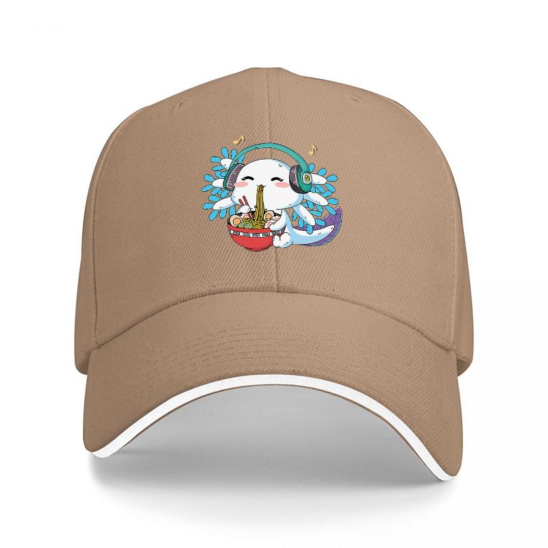 Cute Dragon Eating Noodles with Headphones Baseball Cap Music Food Theme Design Black Hat for Adults