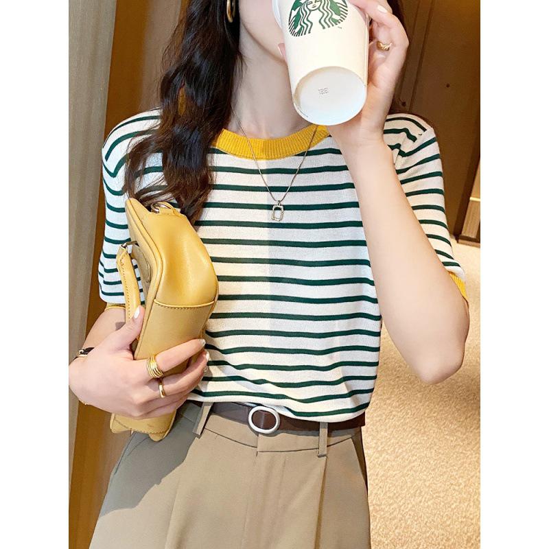 Ice Silk Women's Striped T-shirt, Short Sleeve, Plus Size, Korean Style, 2026 Summer Collection