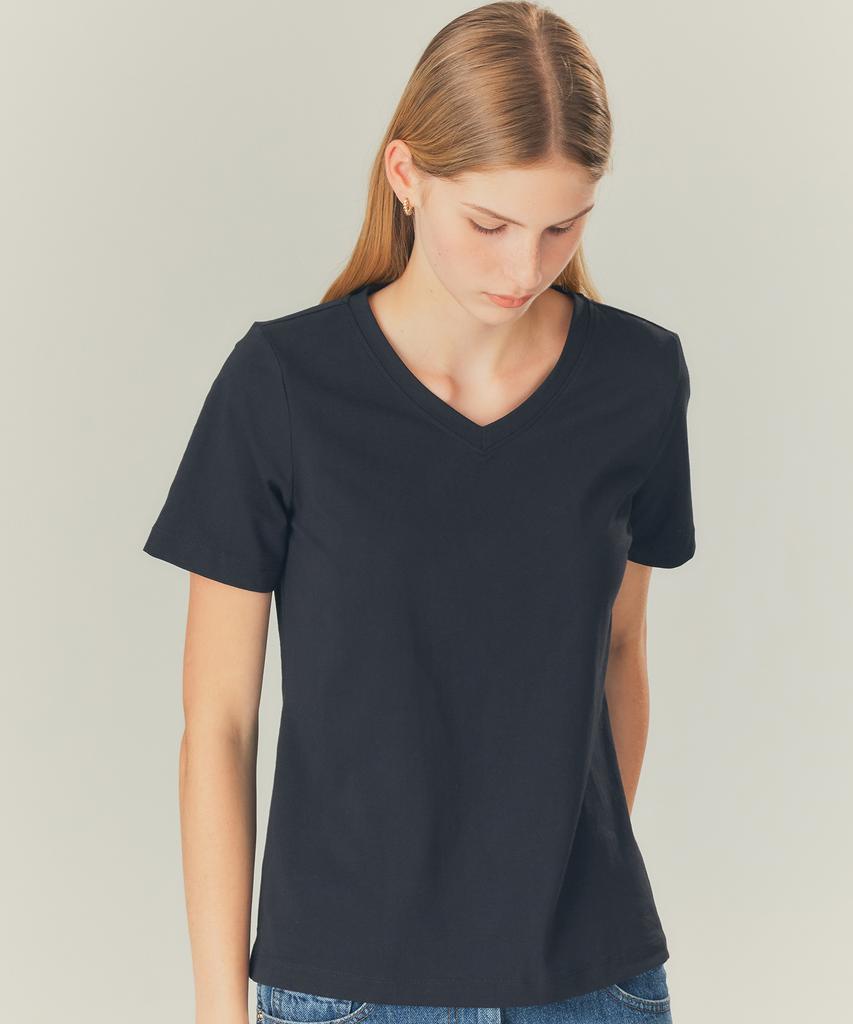BASIC HOUSE Women'S V-Neck Stretch Slim Fit Short Sleeve T-Shirt Black Lats0204 (A Type)