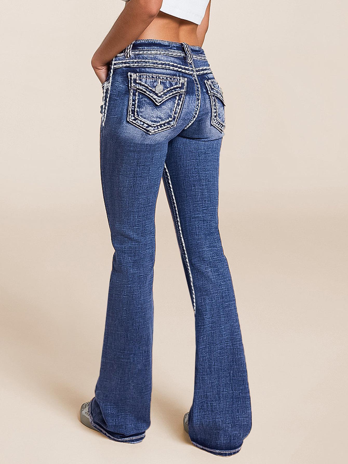 Women s Blue Stretch Washed Denim Flare Pants - Loose Fit, Low Stretch, Long Length Extra Large синий