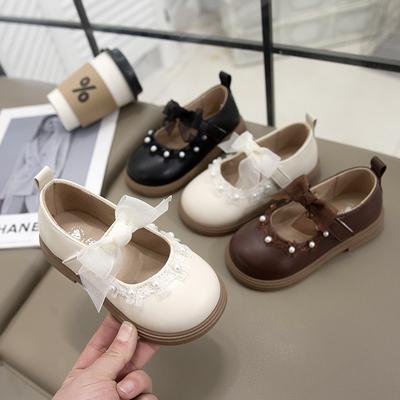 Kids Leather Shoes Black Matte Girls Princess Shoes Lace Bows Sweet Round Toes 2025 New Children Flat Shoes Non-slip Soft Ins