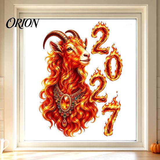 Chinese New Year Party Supplies 2027 of Goat Window Cling, Lunar Zodiac Glass Removable Clings Sticker, Flame Style Spring Festival Door Decor