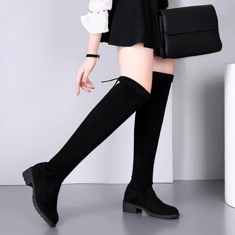 Women's Over Knee Boots Classic Black Skinny Elastic Tall Boots Non Slip Flat Boots Winter Women's Long Boot Botas Largas Mujer
