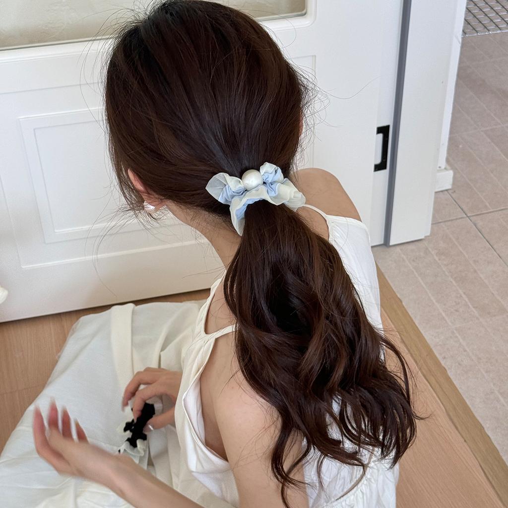Soft and Comfortable Sea Salt Blue Lace Edge Mask, Small Ice Thread Hair Band, Fashionable and Simple Pearl Hair Accessory