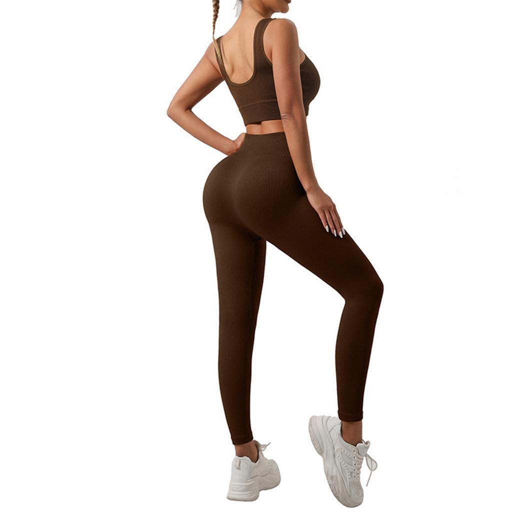 Women's Fashion U Neck Sleeveless Top High Waist Tight Fit Fitness Running Sports Pants Yoga Two Piece Set