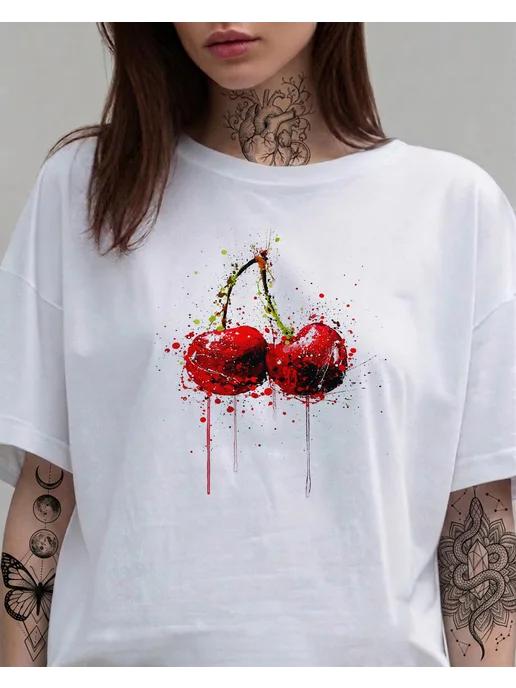 T-shirt with paint-splatter cherry print (summer style) XL