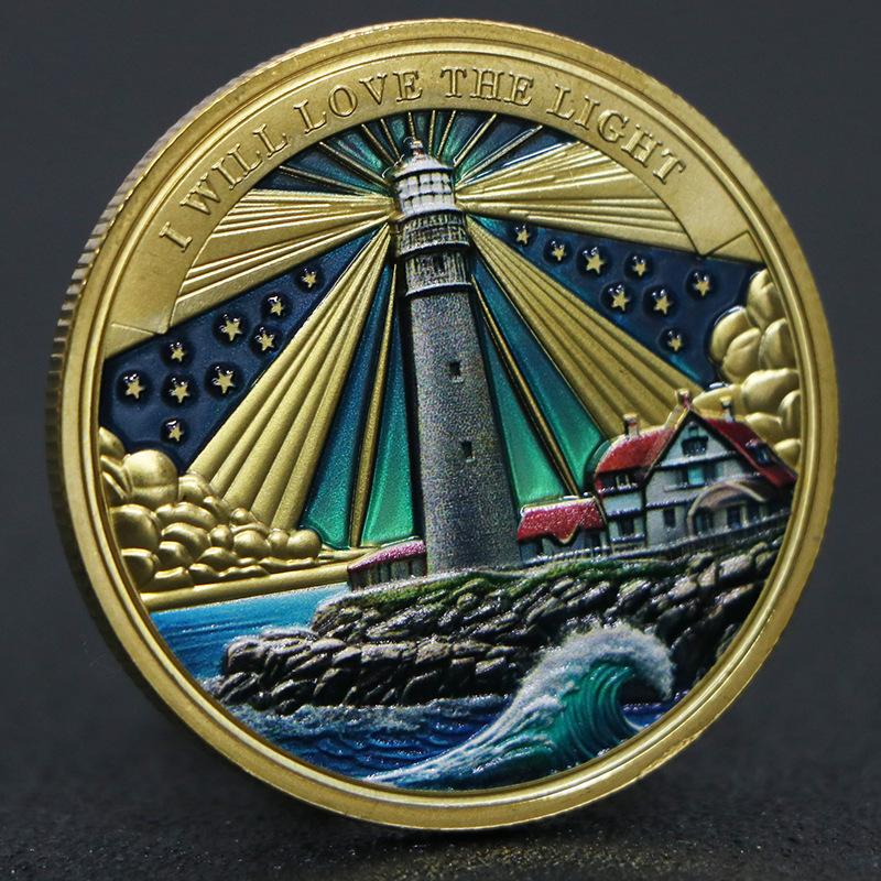 Moeda comemorativa de farol, alto relevo, medalha comemorativa, moeda, ornamento artesanal, banhada a ouro e prata