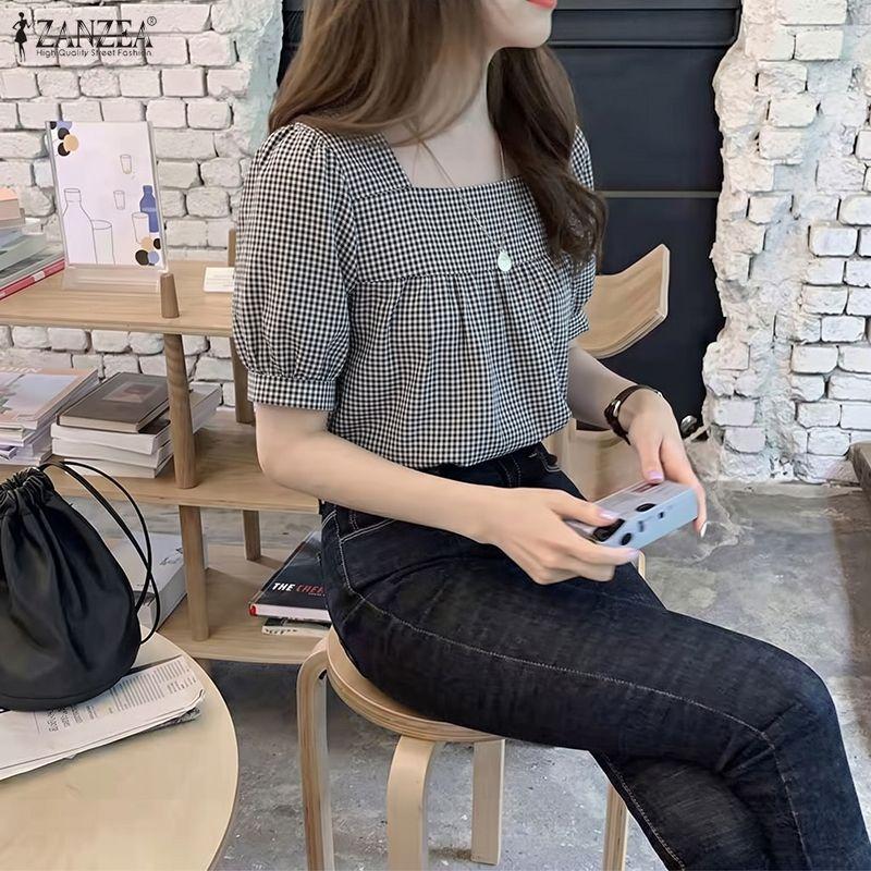 ZANZEA Women Grid Print Casual Square Collar Short Sleeve Blouse