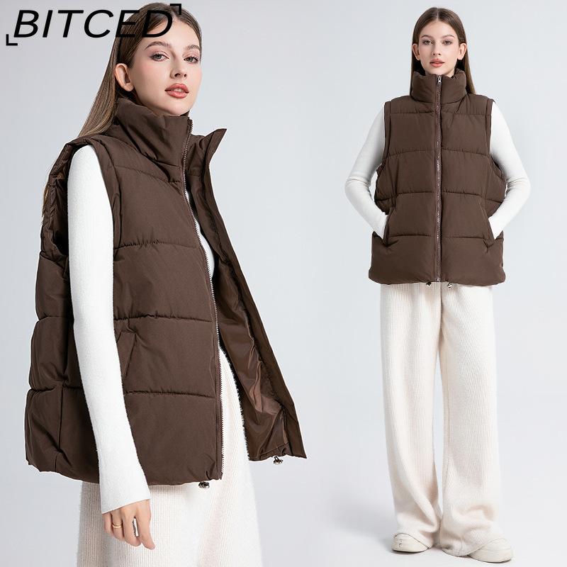 BITCED Women's Autumn/Winter Sleeveless Cotton Coat Mid-Length Stand Collar Thermal Down-Filled Cotton Vest Thickened Waistcoat Outerwear