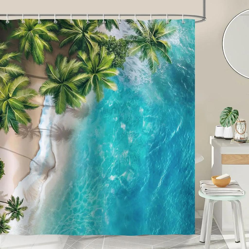 Summer beach ocean blue tropical palm shower curtain waterproof washable polyester shower curtain 180 x 180cm with 12 hooks