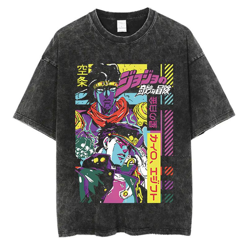 Vintage Washed TShirt Men Summer Hip Hop Streetwear T-shirt JoJo Bizarre Adventure Anime Print Cotton Casual Short Sleeve T-shirt Daily Wear Cool Top