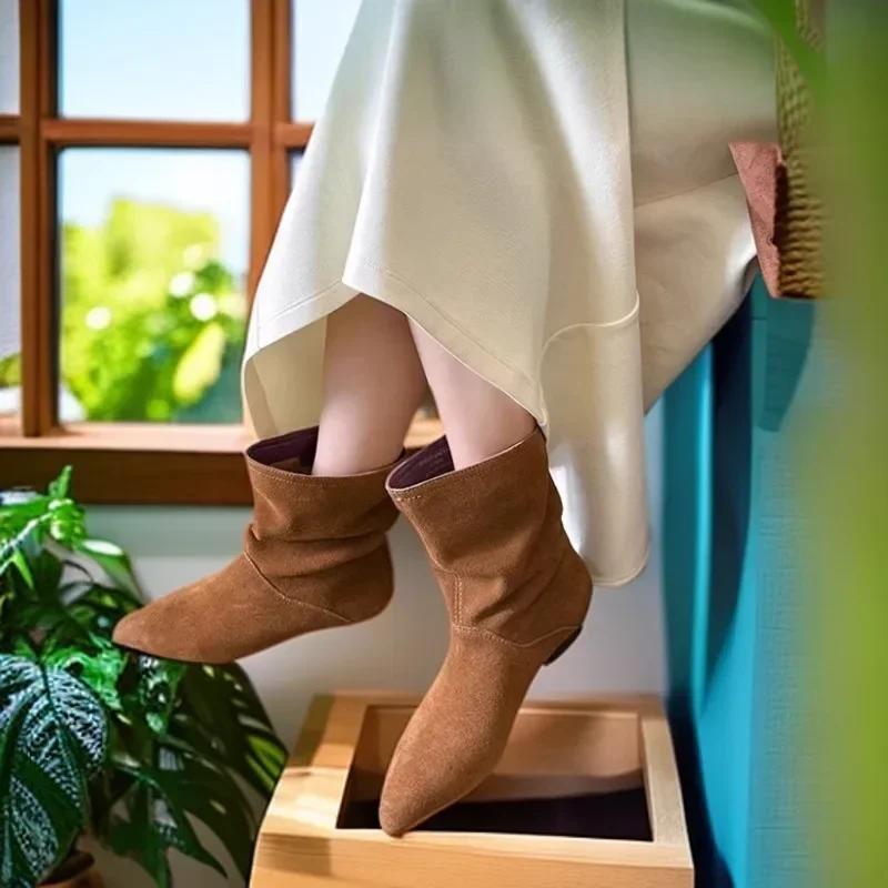 Fashion Pointed Toe Ankle Boots Women Flats Suede Shoes Woman Winter 2025 Fashion Goth Retro Gladiator Chelsea Snow Soft Botas De Mujer