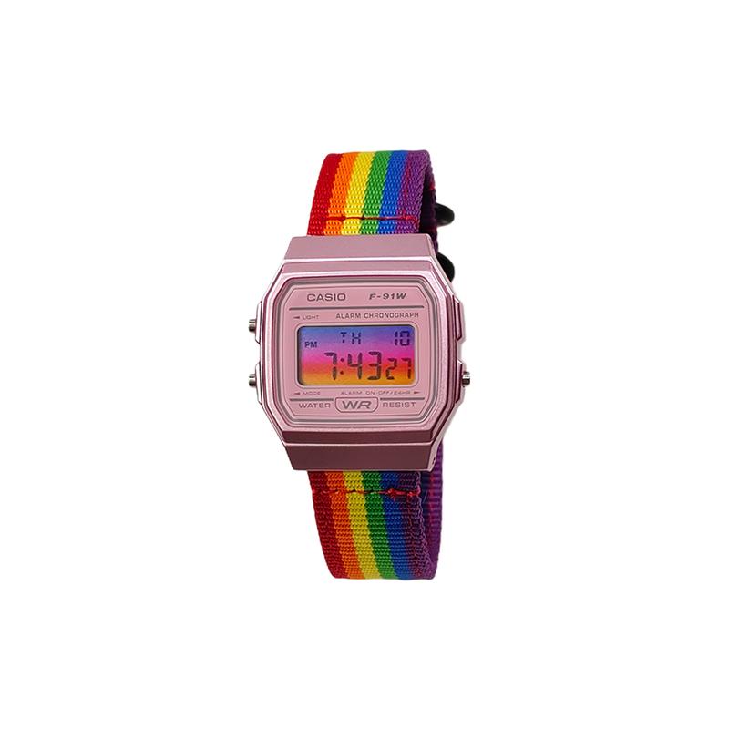 CASIO Customized watch modified series orange mirror pink resin case classic retro life waterproof F-91WS-4 CaiSeBiaoDaiHuangChengJianBianBiaoJing