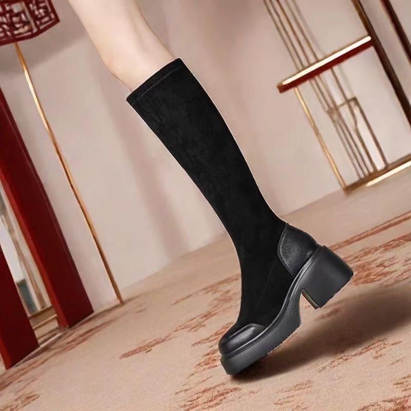 2025 autumn and winter new heightening casual boots mid-heel elastic thin tall boots small Maillard boots