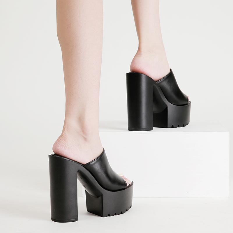 Square Heel Platform Mules Women Outdoor Slippers Peep Toe Slip On Sandals Shoes Slingbacks Black White Great Quality