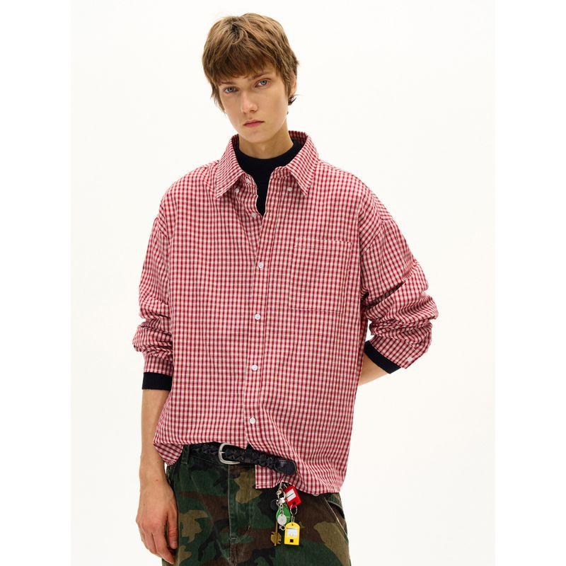 Madwitch American Classic Red and White Plaid Long-Sleeved Shirt for Men and Women, Loose Casual Versatile Couple Plaid Shirt