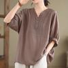 Women's Cotton Linen T-shirt  Summer Retro Loose V-neck  Plus Size Blouse Soft and Skin-friendly Blouse
