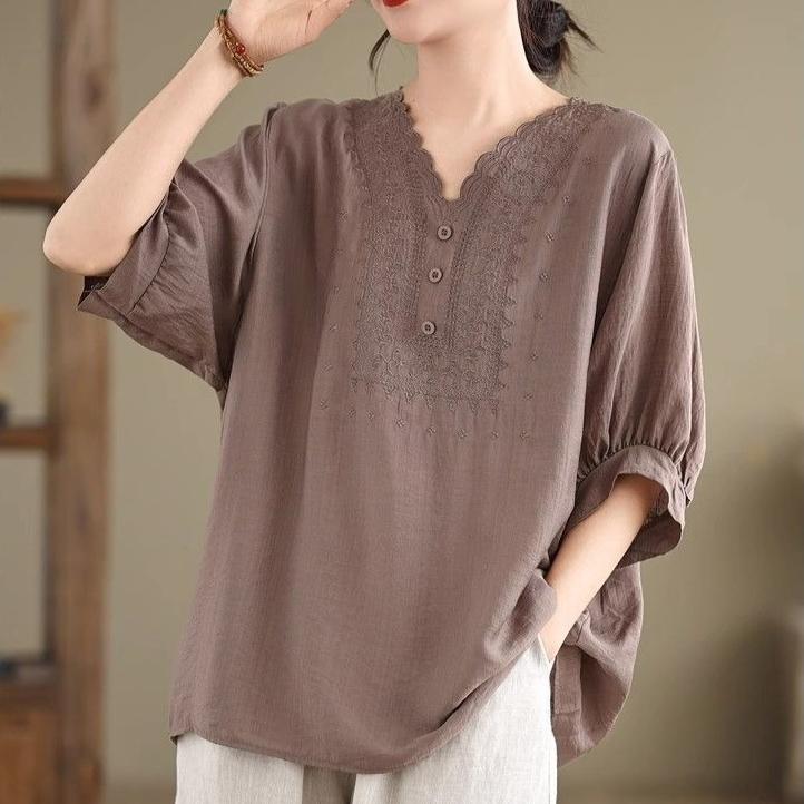 Women's Cotton Linen T-shirt  Summer Retro Loose V-neck  Plus Size Blouse Soft and Skin-friendly Blouse
