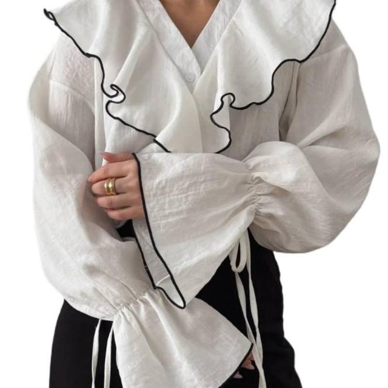 New Spring and Autumn Women's Simple Fashion Casual Cardigan Top Color-Block Layered Ruffle Shirt