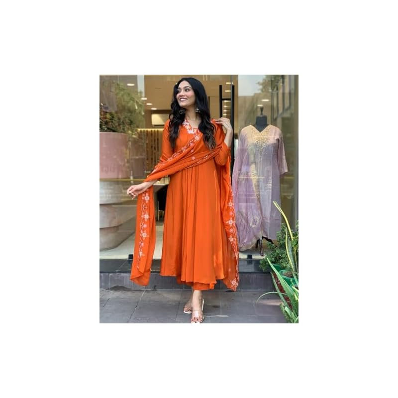 GoSriKi Women's Rayon Blend Anarkali Thread Work Kurta with Pant & Dupatta (ASHVTHAMA ORANGE-GS_S_Orange_Small)
