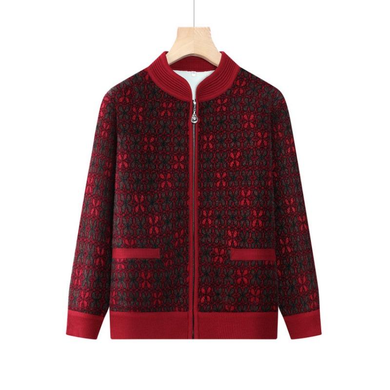 New autumn clothes women's middle school grandma autumn knitted coat fleece thickened stand-up neck cardigan top women's mother outfit