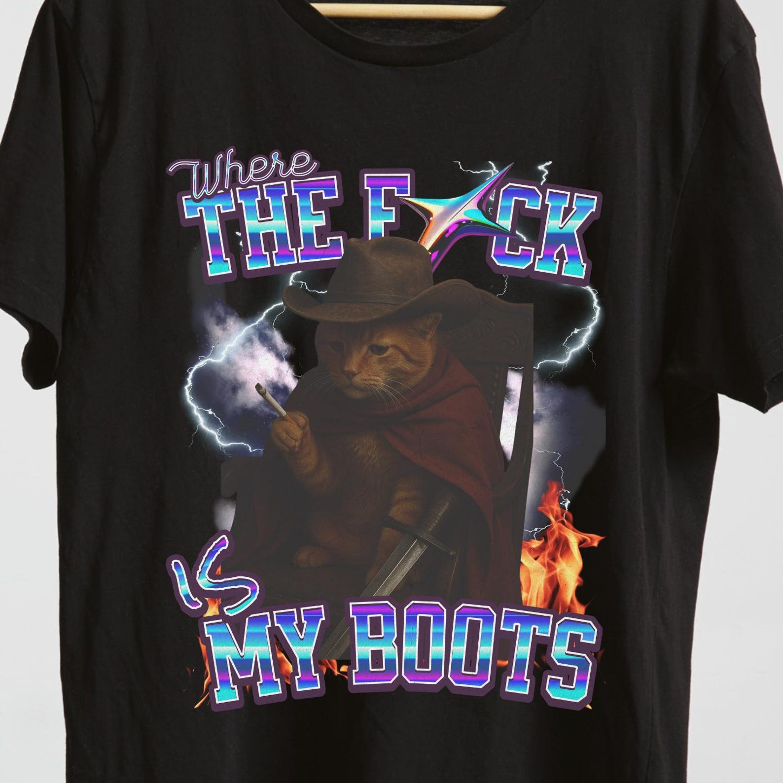 Funny Cowboy Cat T-Shirt – Retro Western Ginger Cat Graphic Tee M