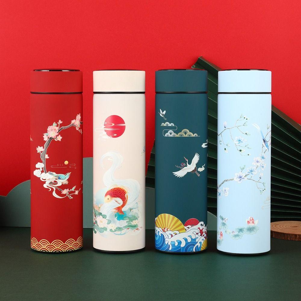 Display Dubbellager med lock Kinesisk stil kaffeglas Vattenflaska Vakuumflaska termoskopp