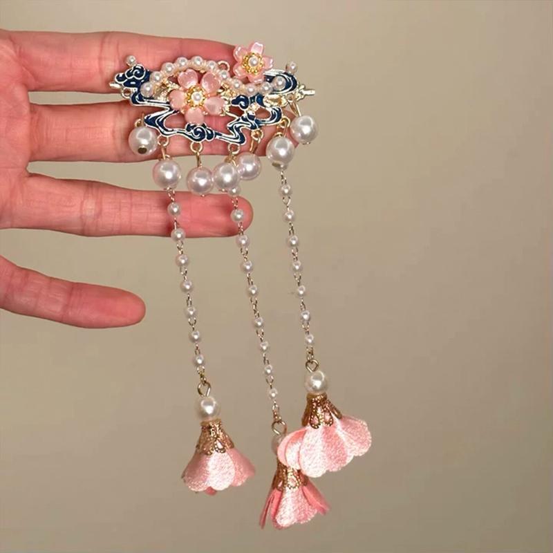 Vintage Chinese Style Pearl Tassel Hair Clips Enamel Flower Hair Pins For Women Hanfu Wedding Hair Accessories