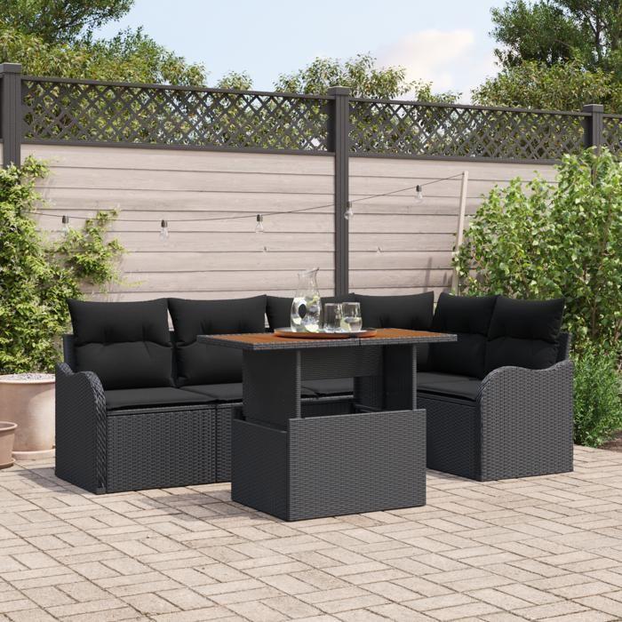 Ensemble de canapé de jardin de 6 pièces avec coussins en rotin poly noir et acacia, Canapé de jardin de 2 places 3349463