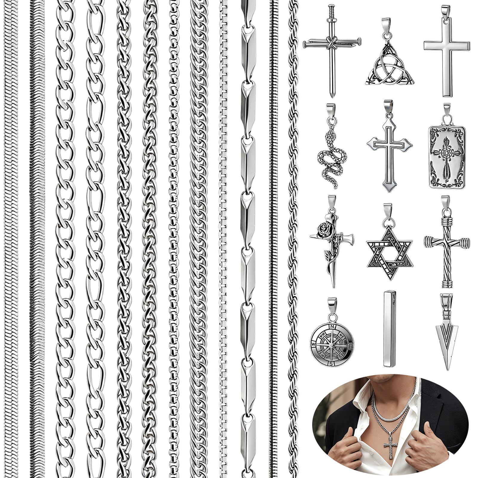 

12 Sets Necklaces For Men Stainless Steel Jewelry Set Cross Pendant Necklace Simple Jewelry Gifts Chain Necklace For Men