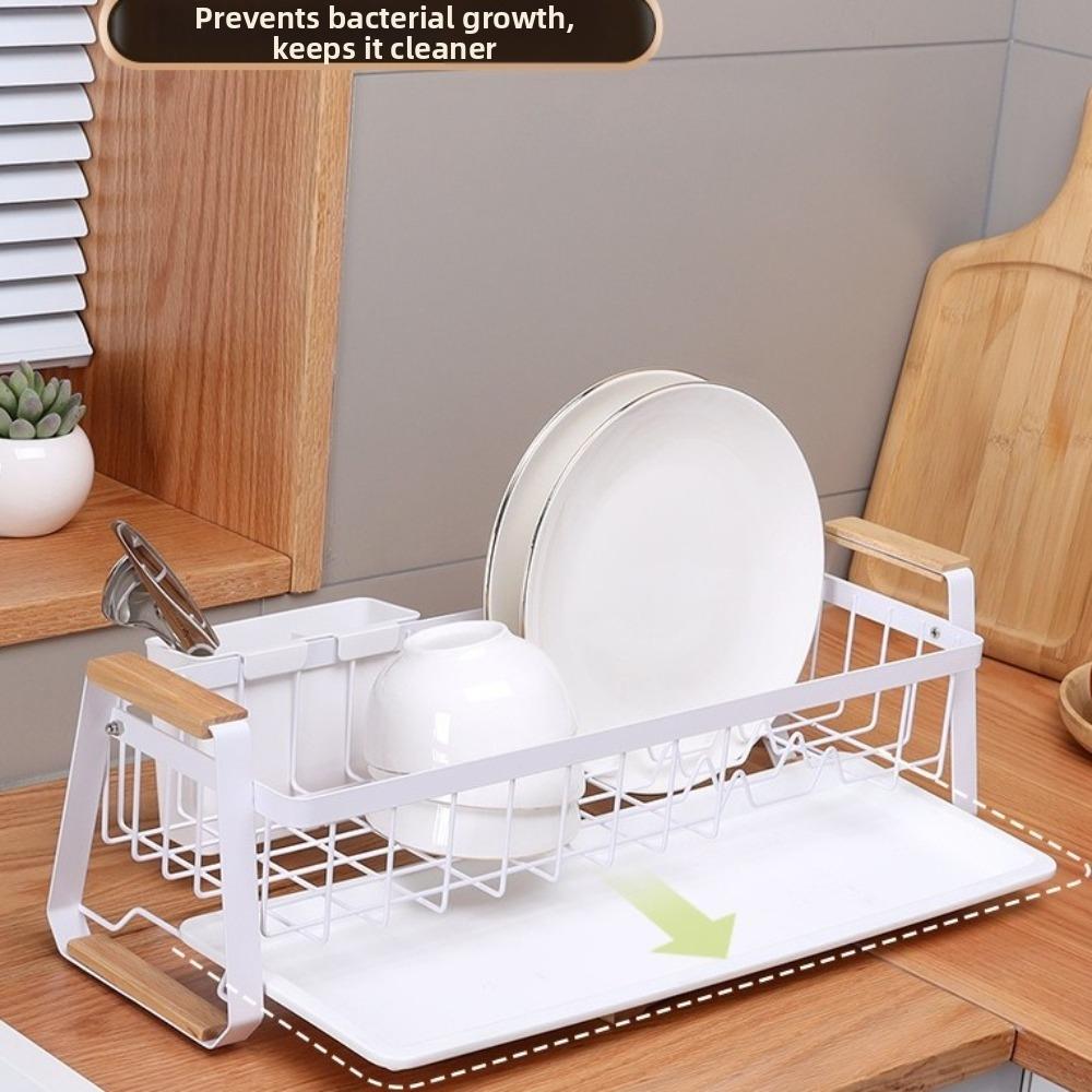 Large Capacity Kitchen Dish Rack Wooden Handle Kitchen Organizer Tableware Storage Rack Apartment
