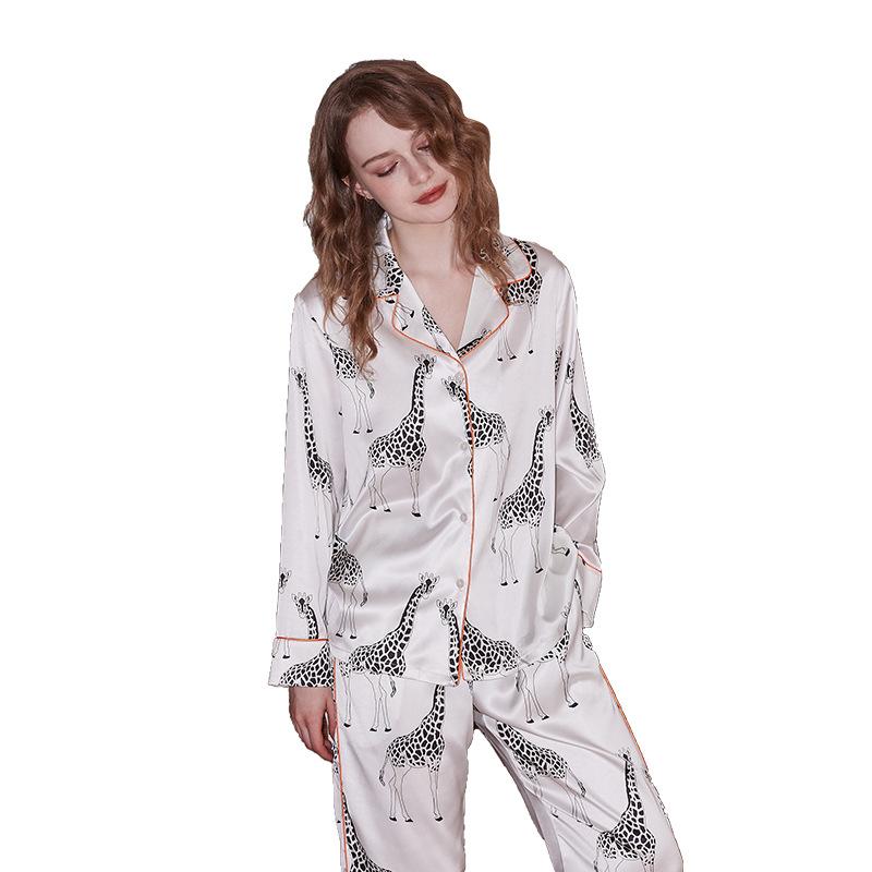 [Giraffe on a white background] Pajamas women's summer ice silk long-sleeved thin women's summer high-end loose loungewear