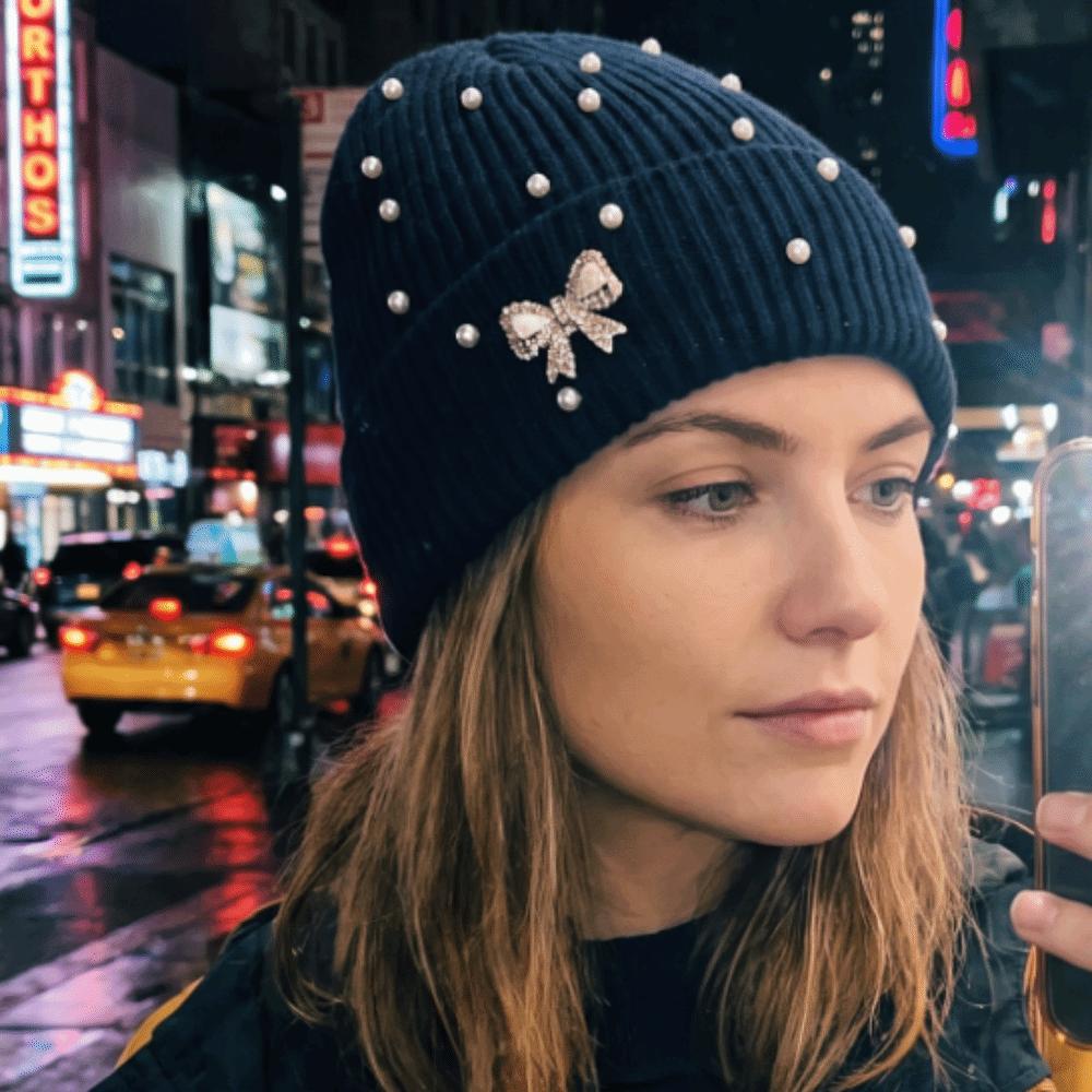 Solid Color Crystal Pearl Bow Beanie Warm Pullover Hat Fashion Knit Hat Outdoor