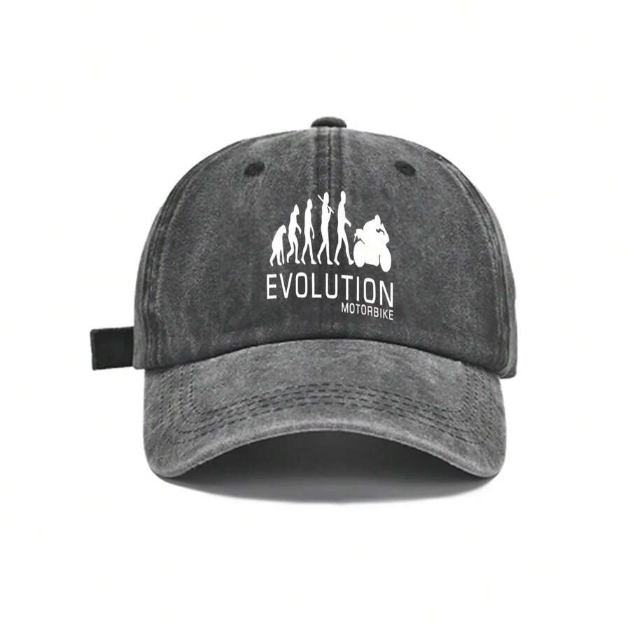 Washed Gray Baseball Cap With Evolution Motorbike Print Adjustable Snapback Hat Casual Streetwear Outdoor Sun Protection