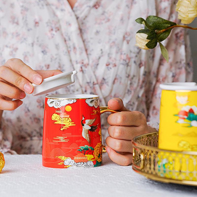 Creative National Tide Style Festive Mug With Spoon And Lid  Personality Ceramic Cup Chinese Style Couple Coffee Water Cup