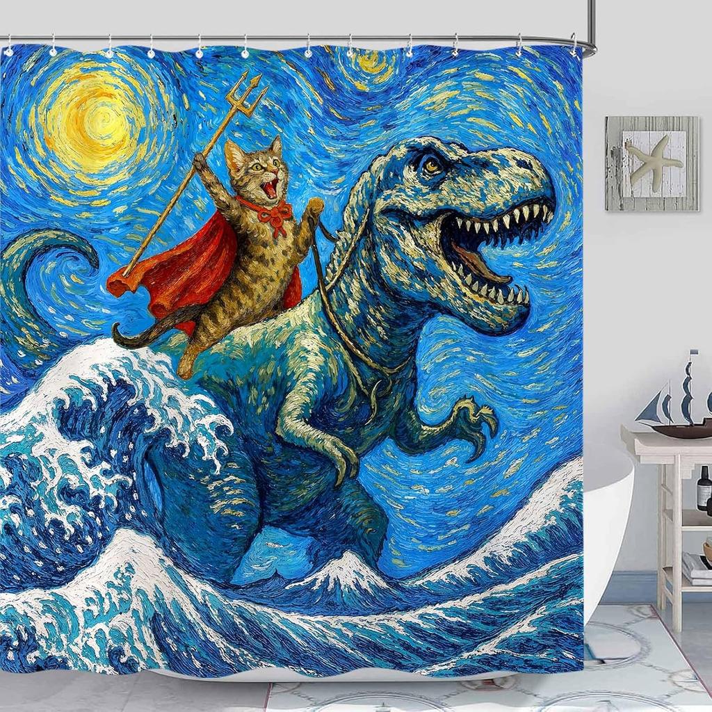 Lustiges Katzen-Duschvorhang-Set Sternenkunst-Stil Dinosaurier-Reiter Wasserdichter Badezimmer-Duschvorhang Humorvolle Tier-Fantasy