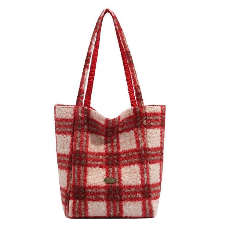 2024 Autumn Winter New Plaid Vertical Striped Plush Korean Style Ins Style Double-Sided Large Capacity Single Shoulder Tote Bag