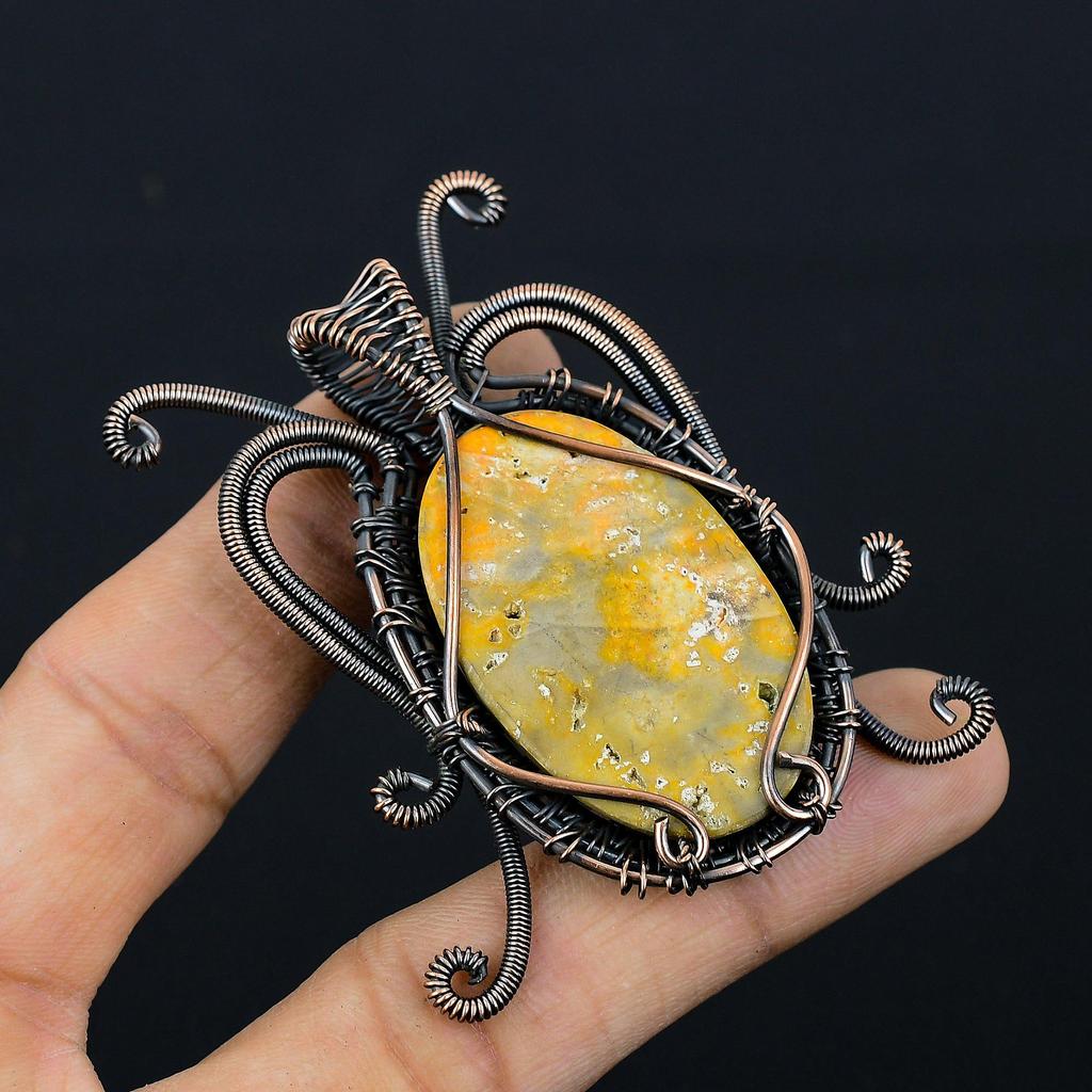 Butterfly Shaped Bumblebee Jasper Gemstone Pure Copper Wire Wrapped Handmade Pendant Jewelry Gift For Her