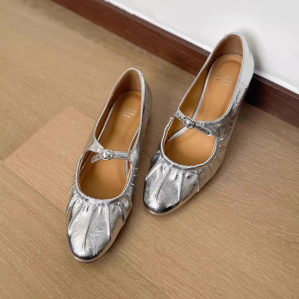 Fairy Wind Pleated Round Head Shallow Mouth Single Shoes Female 2025 Summer New Flat Mary Jane Shoes Gold Ballet Shoes Silver