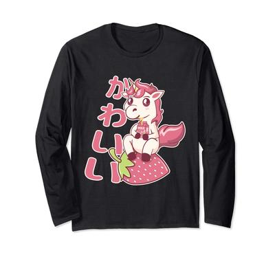 Kawaii Chibi Unicorn Strawberry Milk Long Sleeve T-Shirt