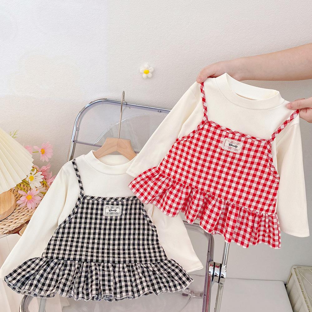 Girls Spring Autumn Fake Two Piece Plaid Dress Cute Kitten Print Baby Fashionable Long Sleeve Dress For Kids 90cm серый