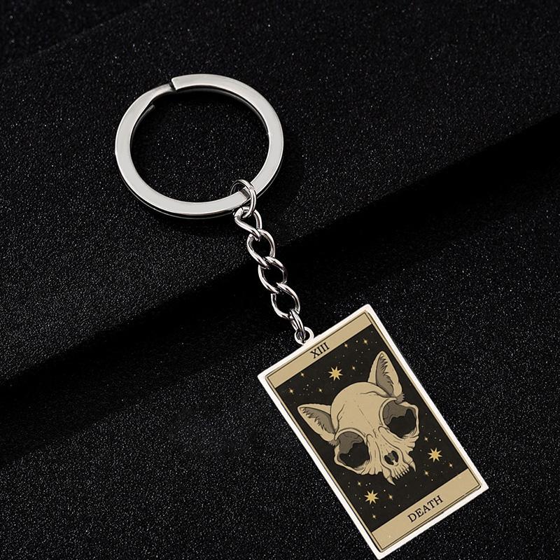 Cute Cat Tarot Card Keychain Vintage Rectangle Epoxy Stainless Steel Pendant Key Chain Animal Divination Jewelry