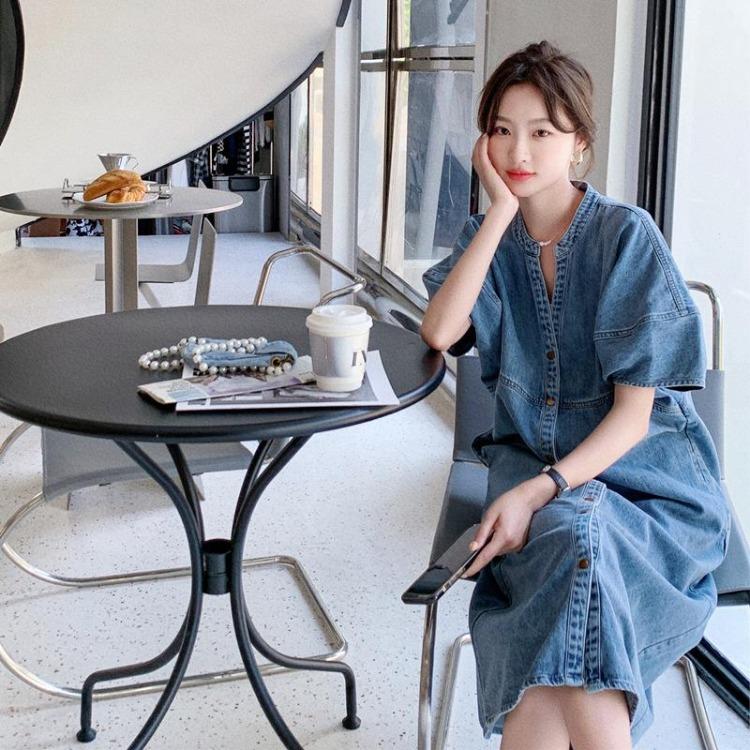 New Korean Style Summer Short Sleeve Denim Dress Women Loose Shirt Dress Single Breasted