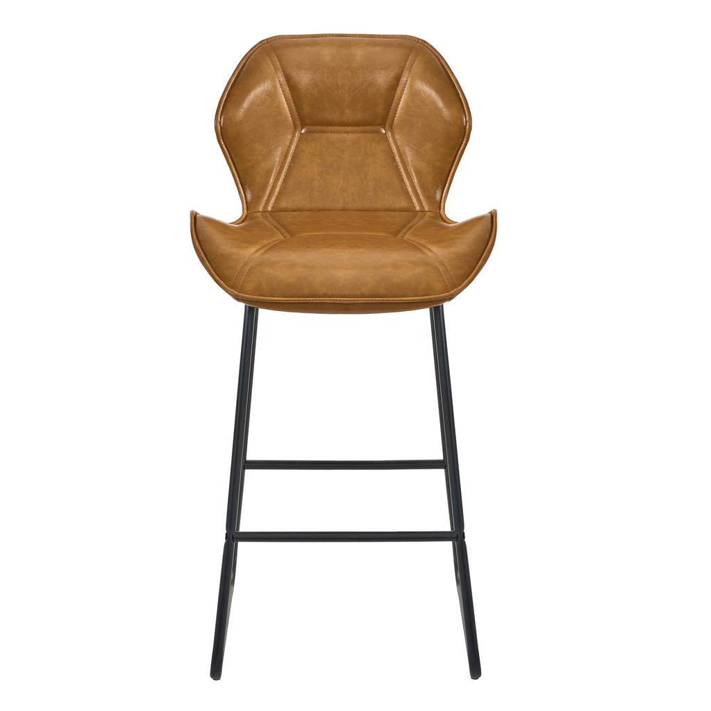 Set of 2 Bar Stools of Faux Leather, Bar Chairs with Backrest, Metal Frame and Footrest, for Kitchen, Counter, Home Bar and Dining Area,Cognac Brown