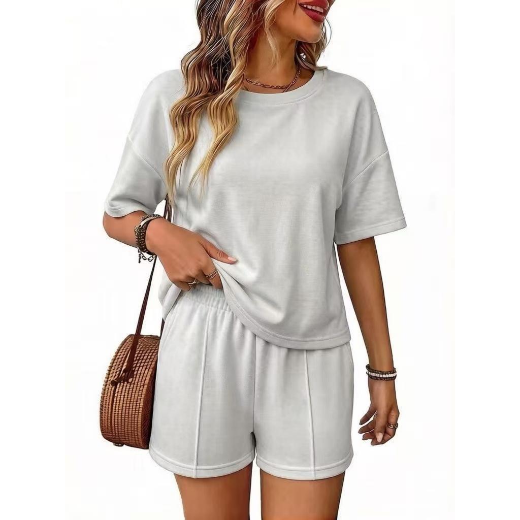 Women’s Relaxed Fit Short Sleeve Top and Shorts Two Piece Outfit Set for Casual Summer Wear Lounge and Daily Activities