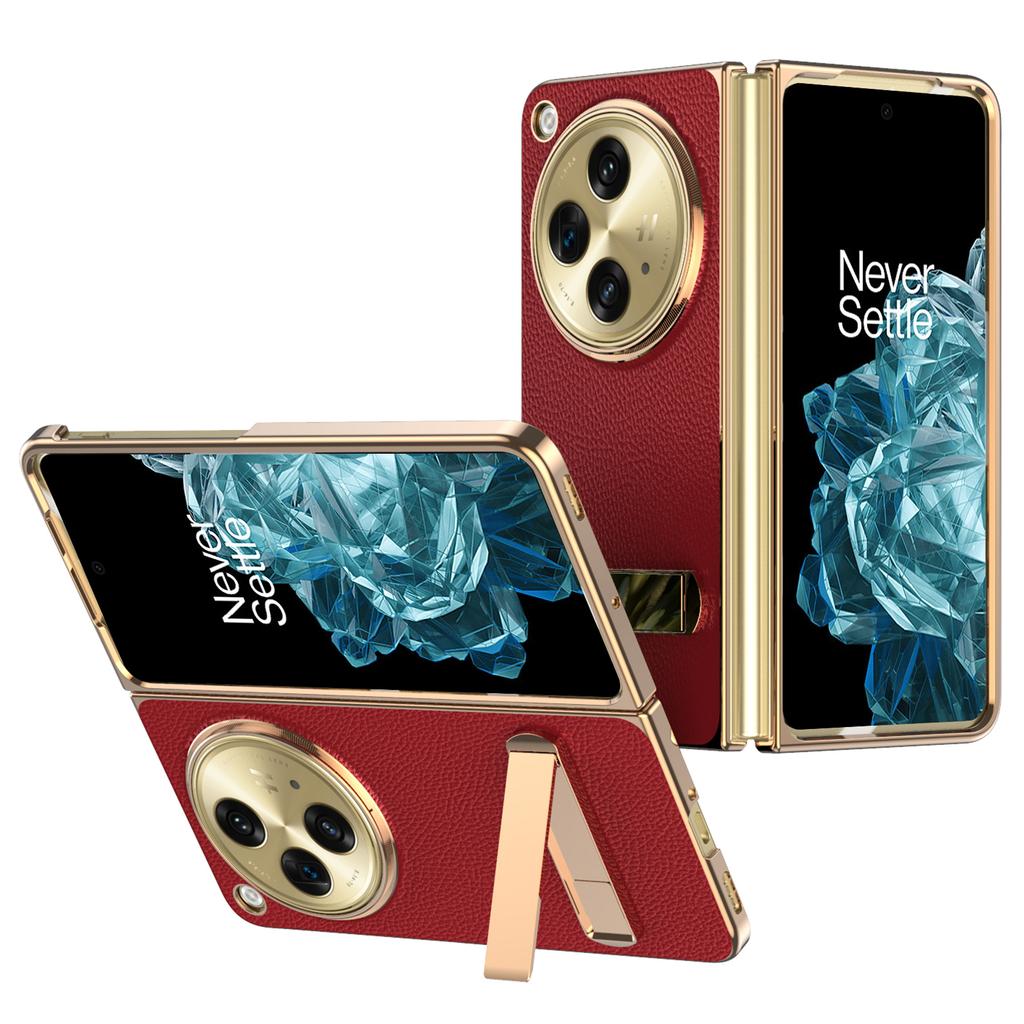 For OnePlus Open Case Litchi Texture Leather+PC Phone Kickstand Cover with Tempered Glass Film